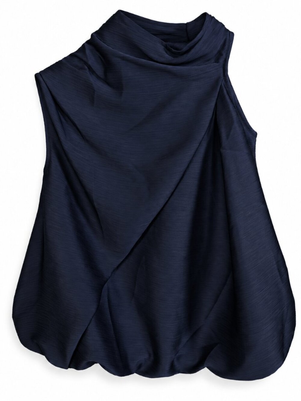 Commense Navy Asymmetrical Shoulder Draped Blouse Balloon Hem  Large NWT